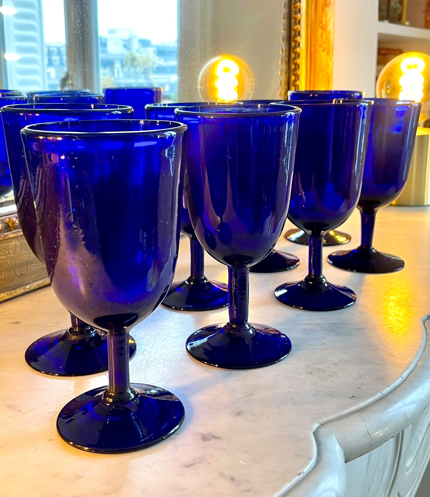 8 blue stemmed bubble glass glasses