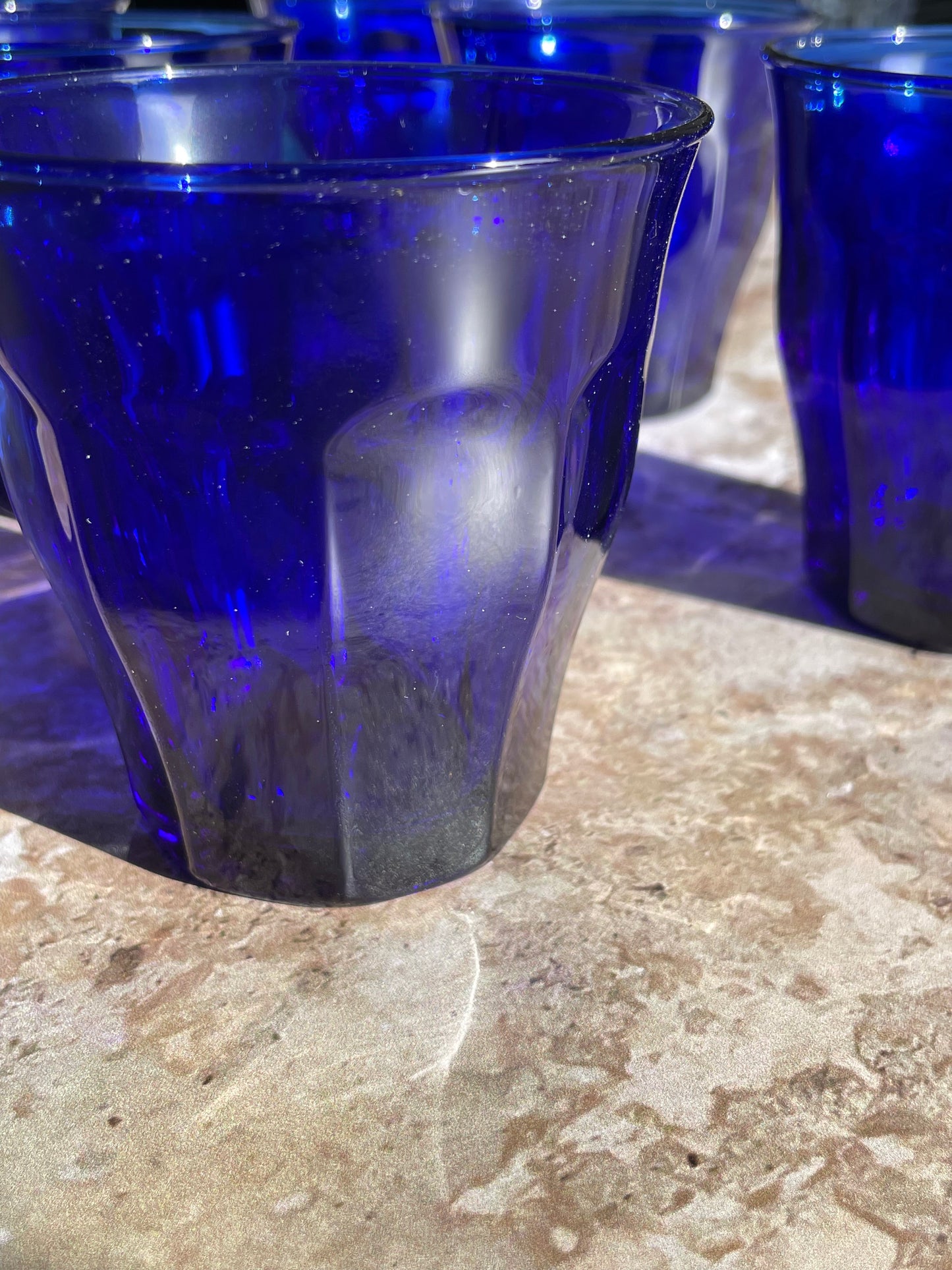 6 Duralex sapphire blue glasses