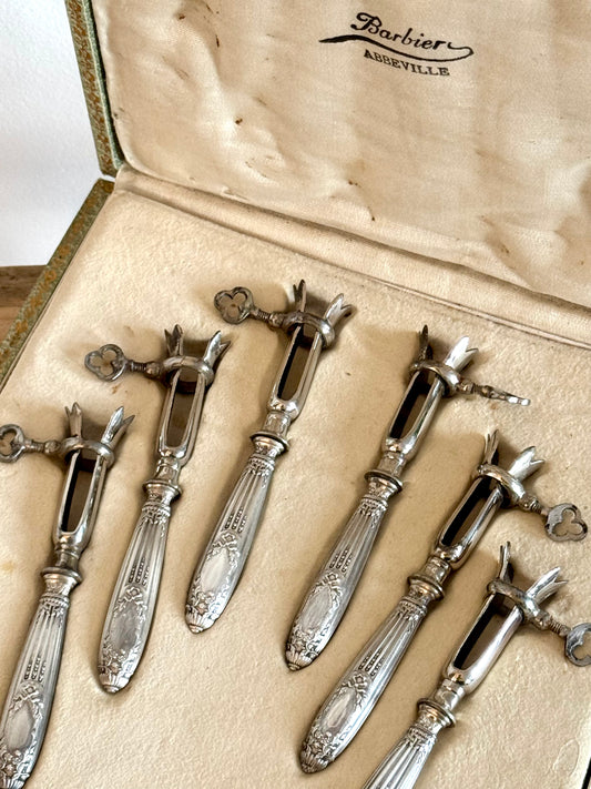 RARE! 6 manches/pinces à côtelettes en argent