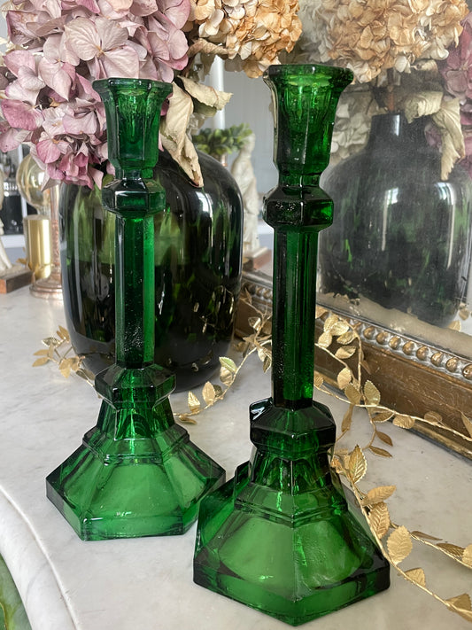 Pair of emerald green candlesticks
