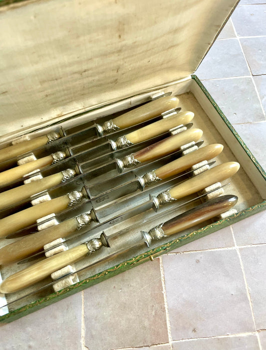 12 couteaux de table "Au Compas" en corne et acier.