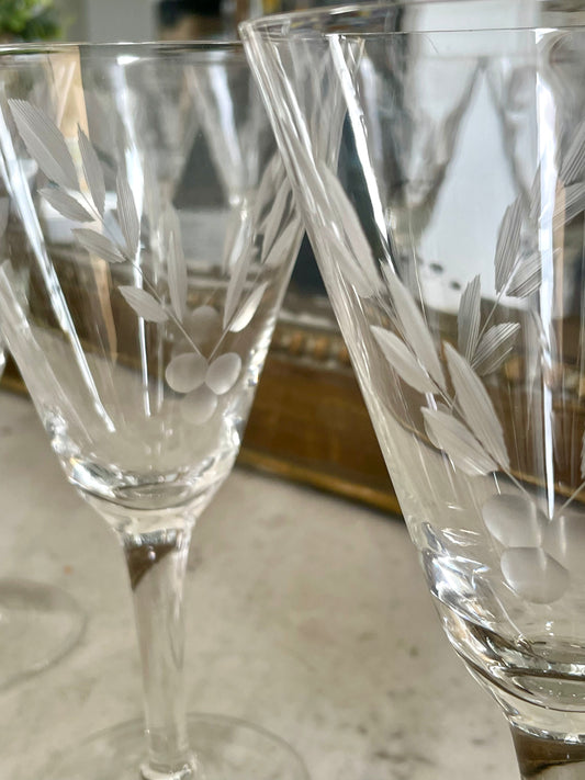 6 large antique crystal stemmed glasses