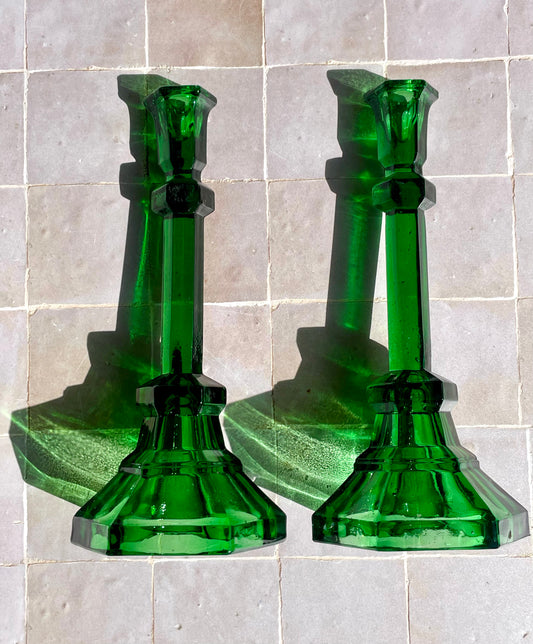 Pair of emerald green candlesticks